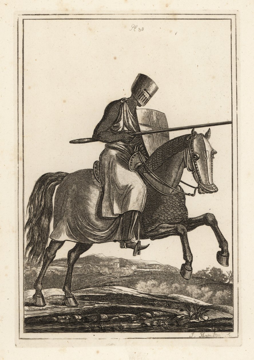12. és 13. századi töltőlovag láncpántos hauberkben, lapos sisakban, lándzsában, fűtőpajzsban, sípcsontpáncélos jamesonokban, hadinyeregben alkotó: Unbekannt