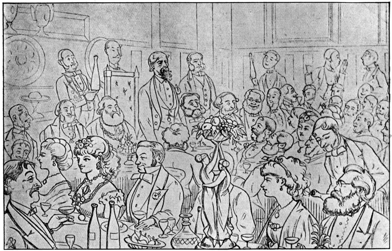 Charles Dickens elnökölt a Newsvendors Dinner-en, 1870. április 5-én, 1912. alkotó: Unbekannt