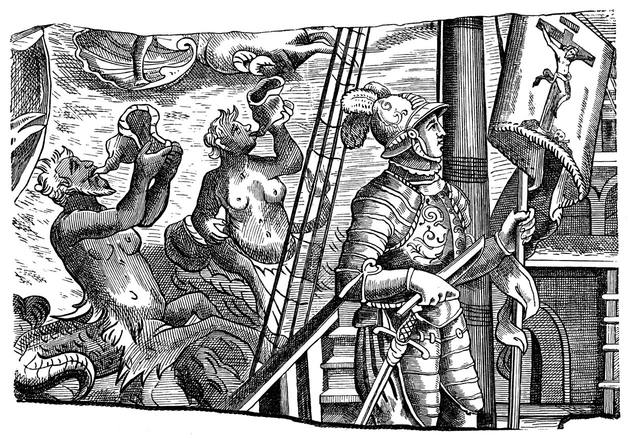 Kolumbusz Kristóf amerikai útja során, metszet, c1500 alkotó: Unbekannt
