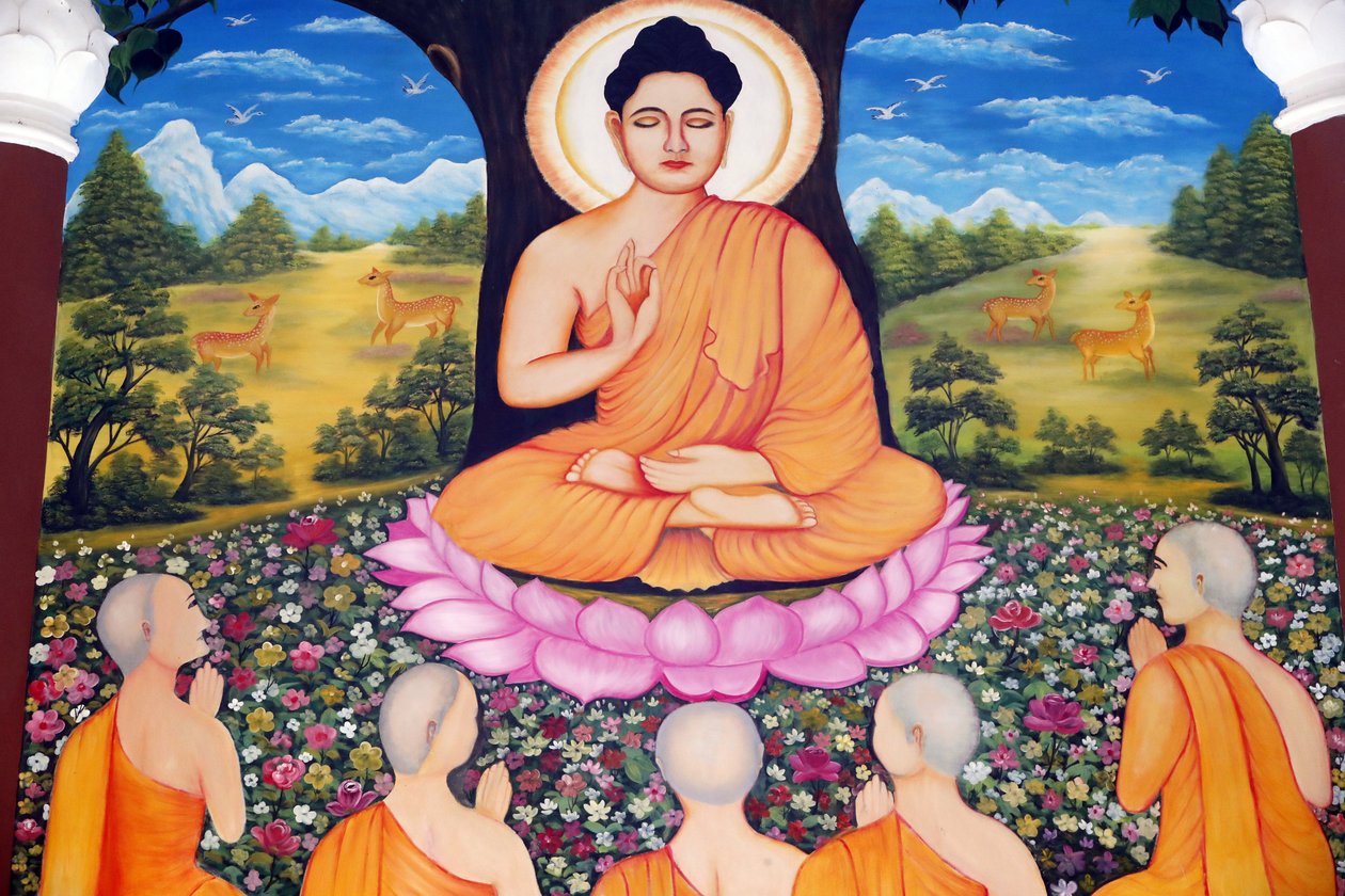 Chua Tu Quang buddhista templom. Sákjamuni Buddha a prédikációt - a törvény kerekét - hirdeti öt tanítványának. Vung Tau. Vietnam. alkotó: Unbekannt