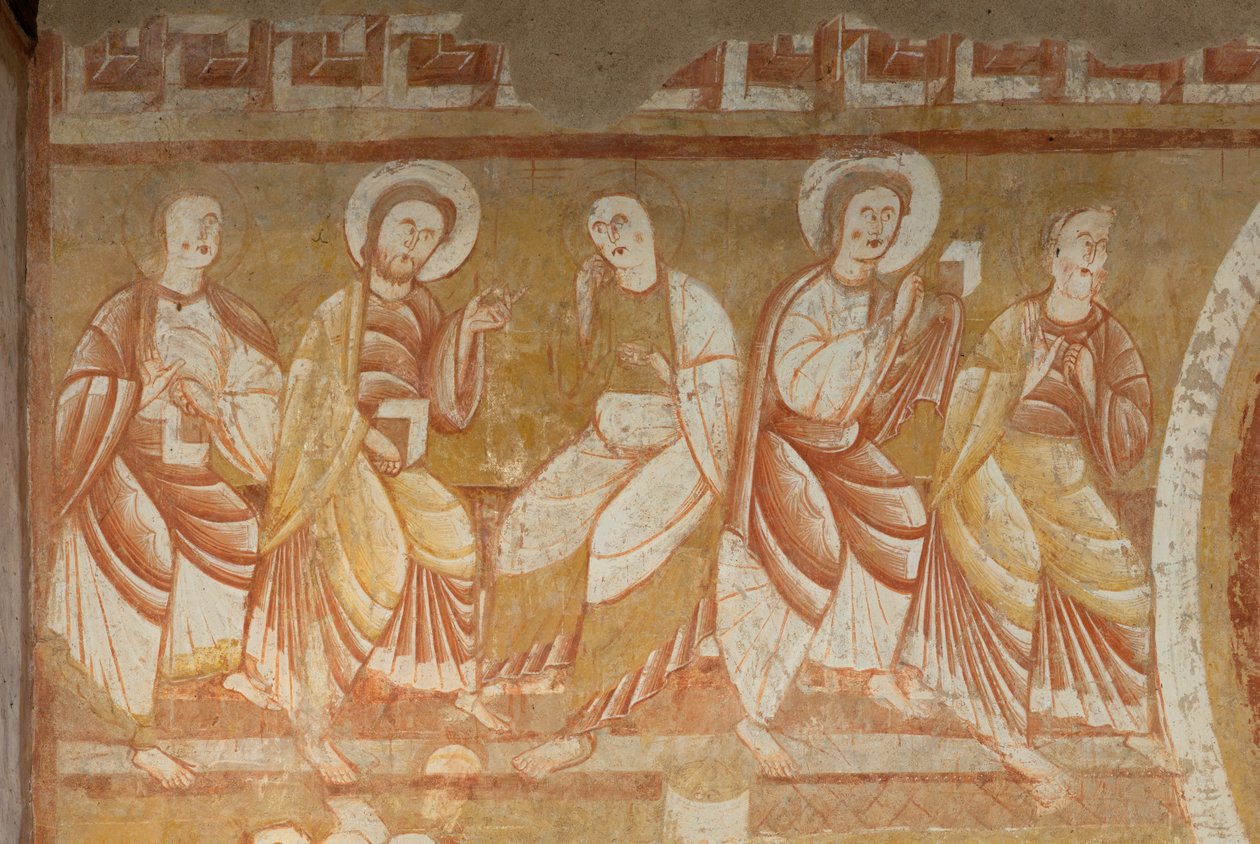 Templom (Église Saint-Martin). Belső. Falfestmények (freskó). A hajó nyugati fala. Részlet. Apostolok. 12. század. alkotó: Unbekannt