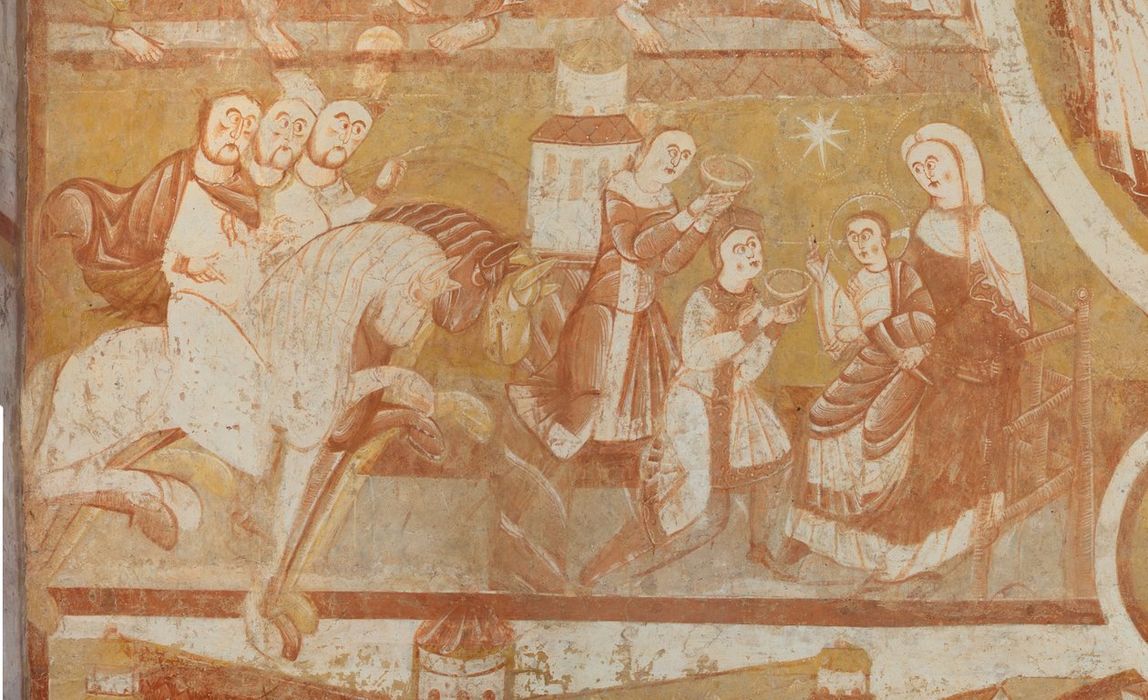 Templom (Église Saint-Martin). Belső. Falfestmények (freskó). A hajó nyugati fala. Részlet. A mágusok érkezése, a mágusok imádása. 12. század. alkotó: Unbekannt