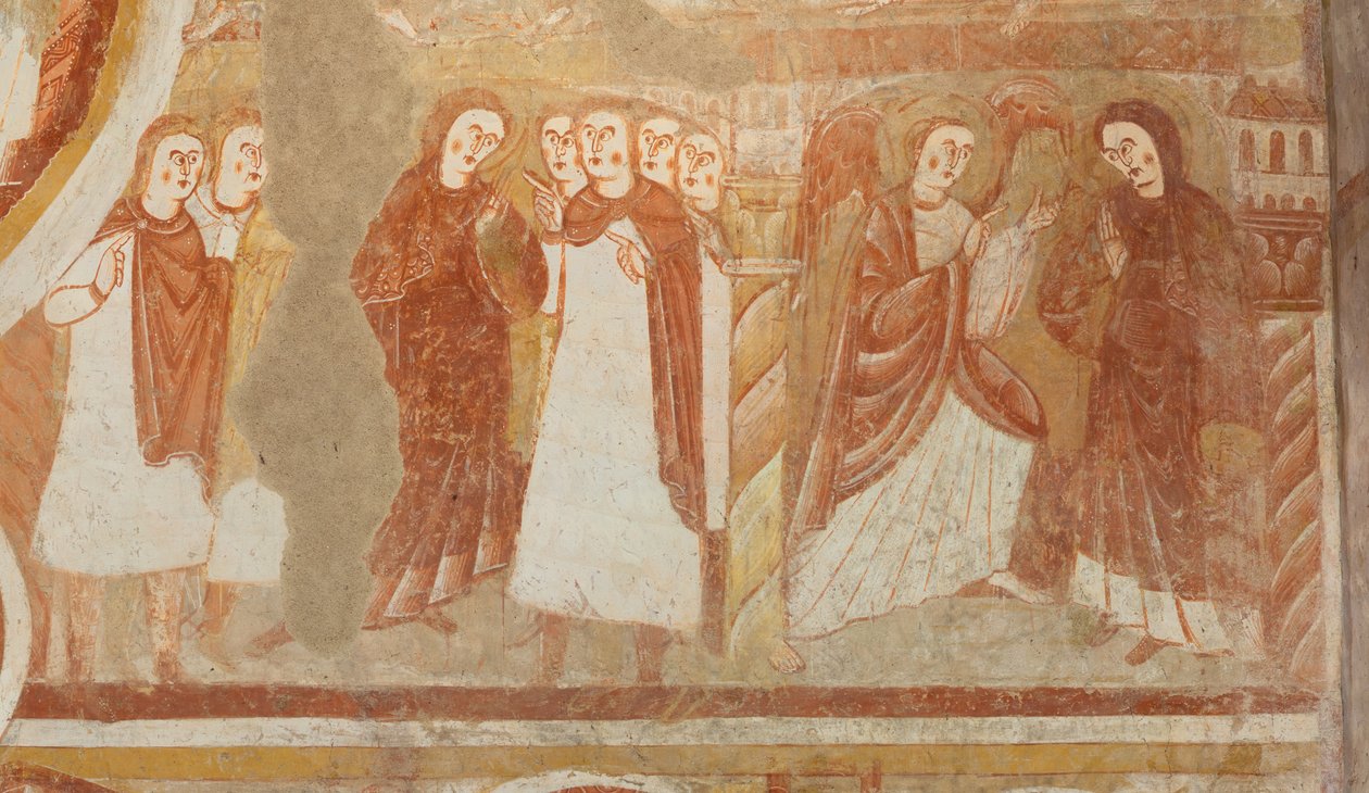 Templom (Église Saint-Martin). Belső. Falfestmények (freskó). A hajó nyugati fala. Részlet. A Szűzanya vádja és kijelentése. 12. század. alkotó: Unbekannt