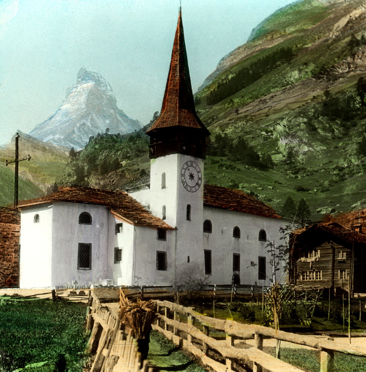 Templom és Matterhorn, Zermatt, Svájc alkotó: Unbekannt