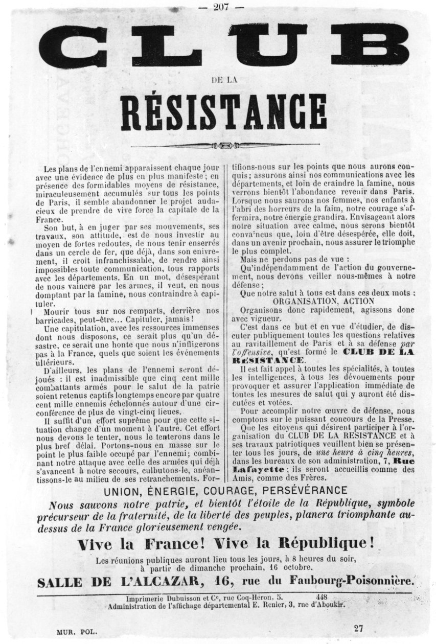 Club de la Resistance, a Párizsi Kommün francia politikai plakátjairól, 1871. május alkotó: Unbekannt