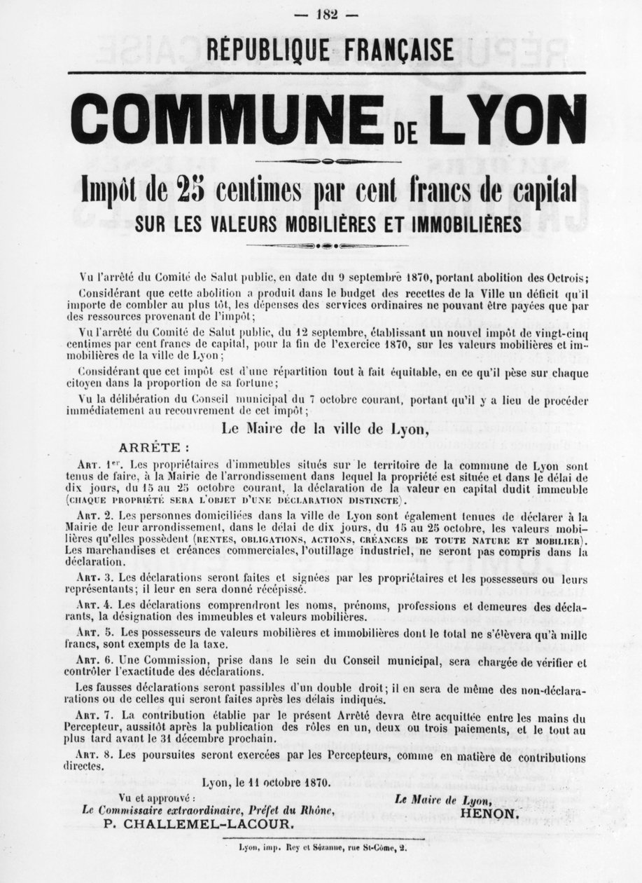 Commune de Lyon, a Párizsi Kommün francia politikai plakátjairól, 1871. május alkotó: Unbekannt