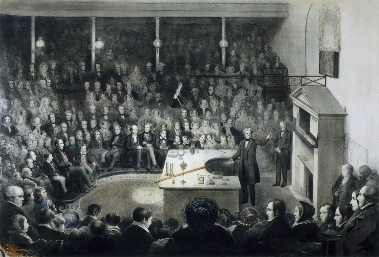 Michael Faraday (1791-1867) fizikus előadása a londoni királyi intézmény előtt 1855. december 27-én Albert szász-cobourg-i herceg (Saxe-Cobourg-Gotha) jelenlétében. alkotó: Unbekannt