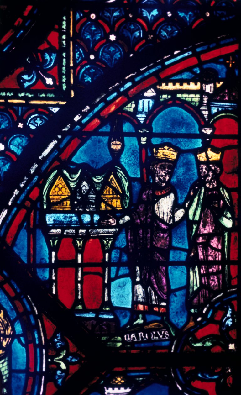 Konstantin ereklyéket ajándékoz Nagy Károlynak, ólomüveg, Chartres-i katedrális, Franciaország, c1225 alkotó: Unbekannt