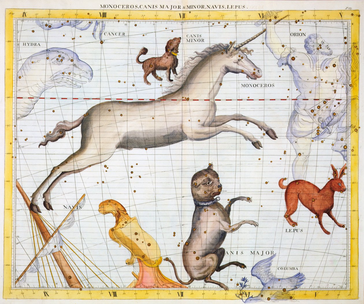 Monoceros, Canis Major és Canis Minor csillagképek, 1729 alkotó: Unbekannt