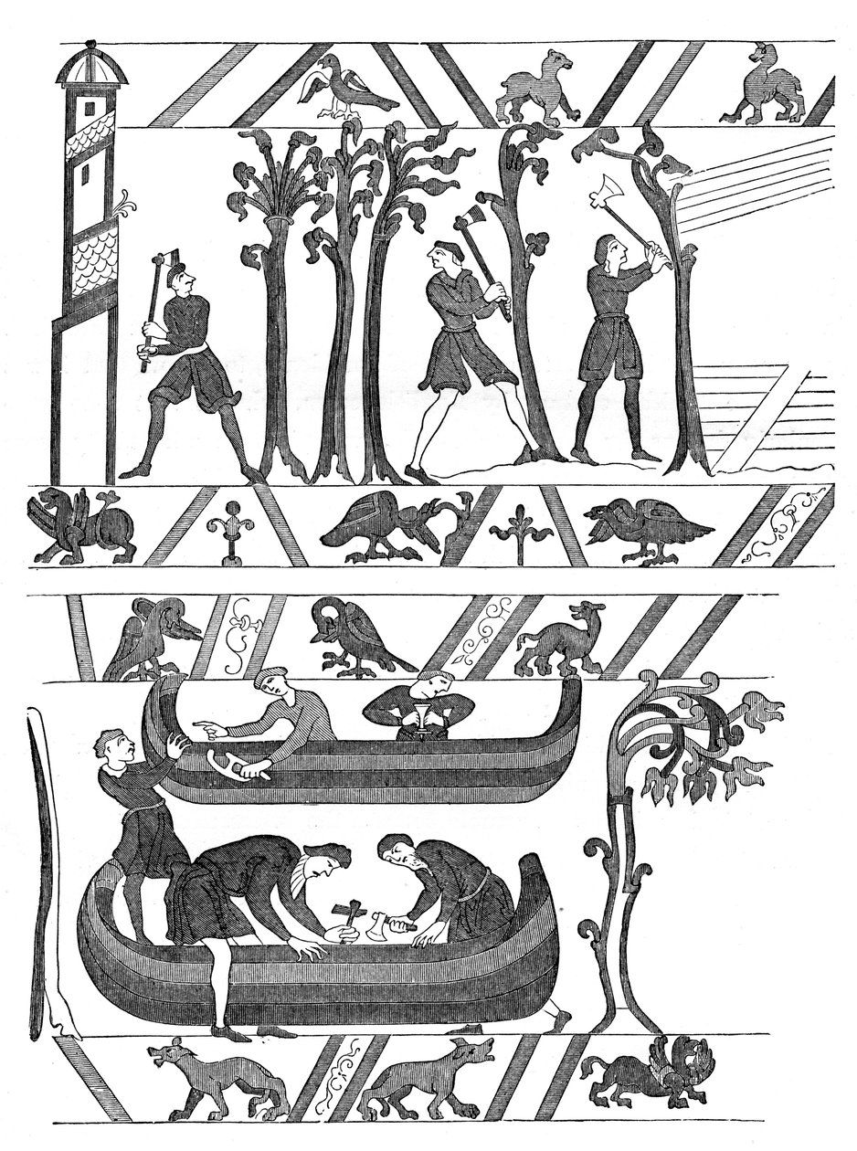 I. William hajóinak építése, Bayeux Tapestry, 1070-es évek, 1870 alkotó: Unbekannt