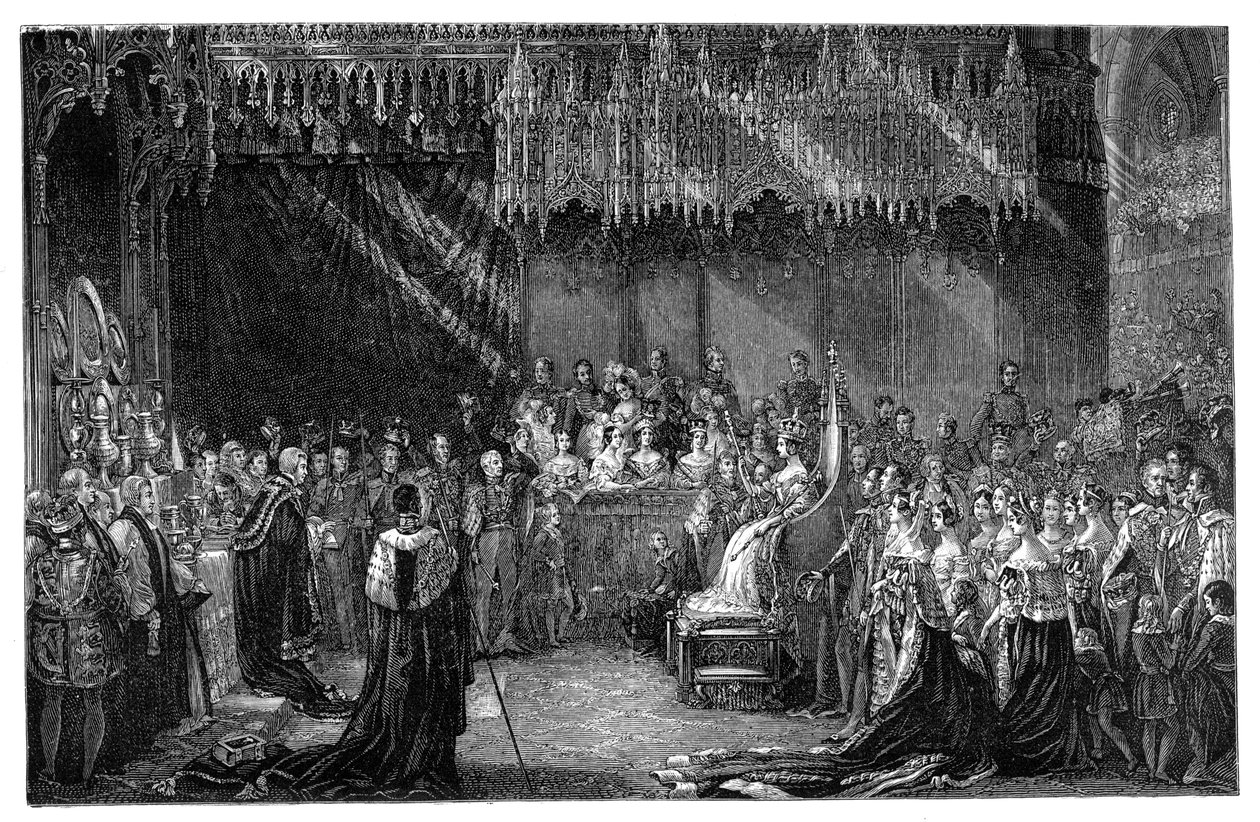 Viktória királynő koronázása a londoni Westminster Abbeyben, 1838. június 28-án, 1900. alkotó: Unbekannt