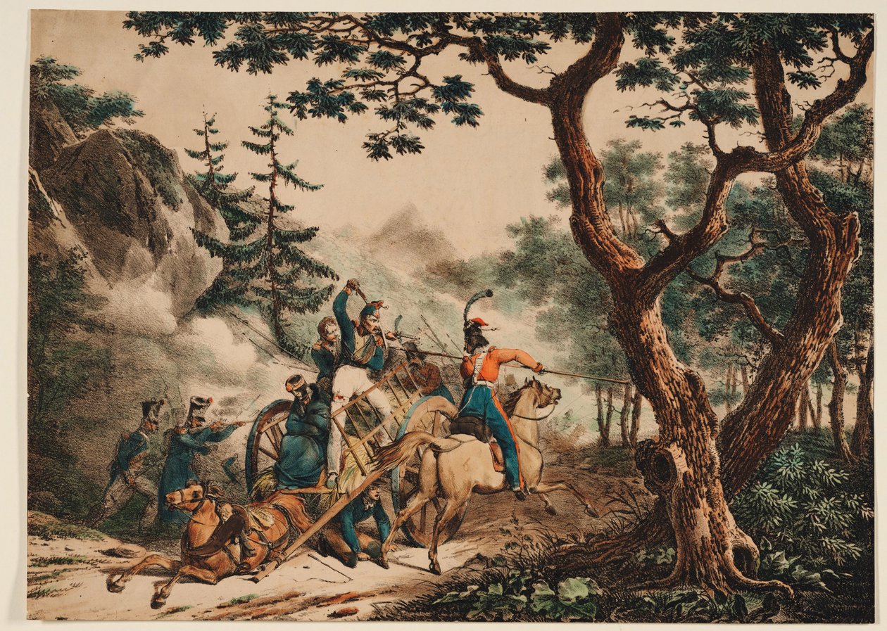 Kozákok francia katonákra támadnak egy erdőben, 1825 alkotó: Unbekannt