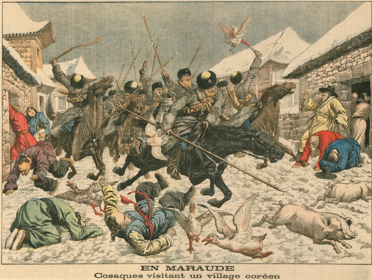 Kozákok terrorizálnak egy koreai falut, orosz-japán háború, 1904 alkotó: Unbekannt