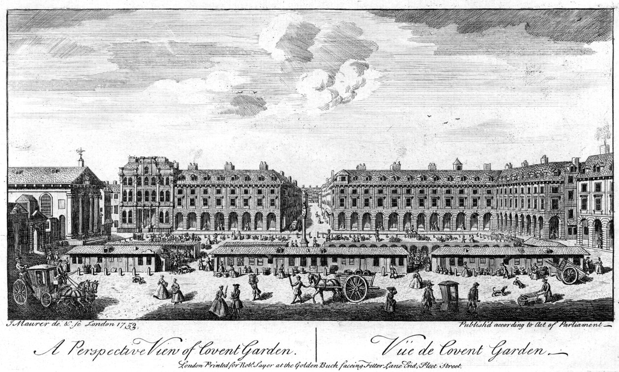 Covent Garden, London, standokkal a tér közepén, 1753 alkotó: Unbekannt