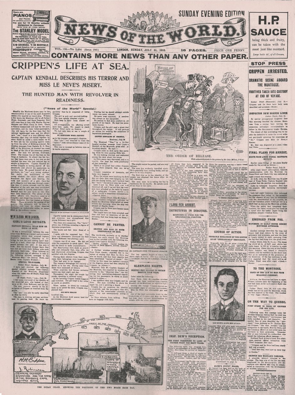 Crippens Life at Sea, a News of the World címlapja, 1910. július 31. alkotó: Unbekannt