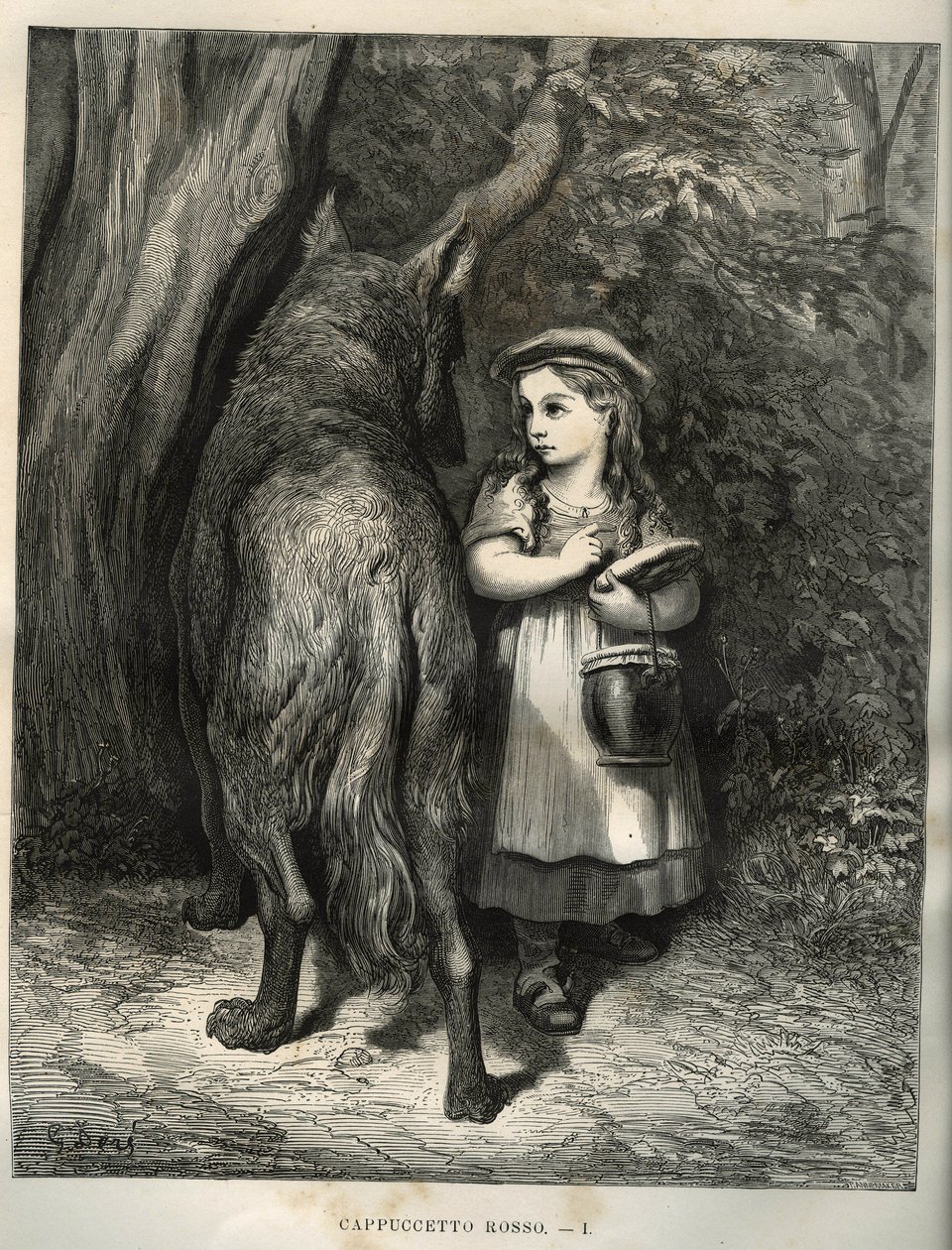 Az erdőn átkelve a kis piros lovagló találkozik a farkassal. Gustave Dore (1832-1883) metszete Charles Perrault (1628-1703) „Les contes” című könyvéből alkotó: Unbekannt