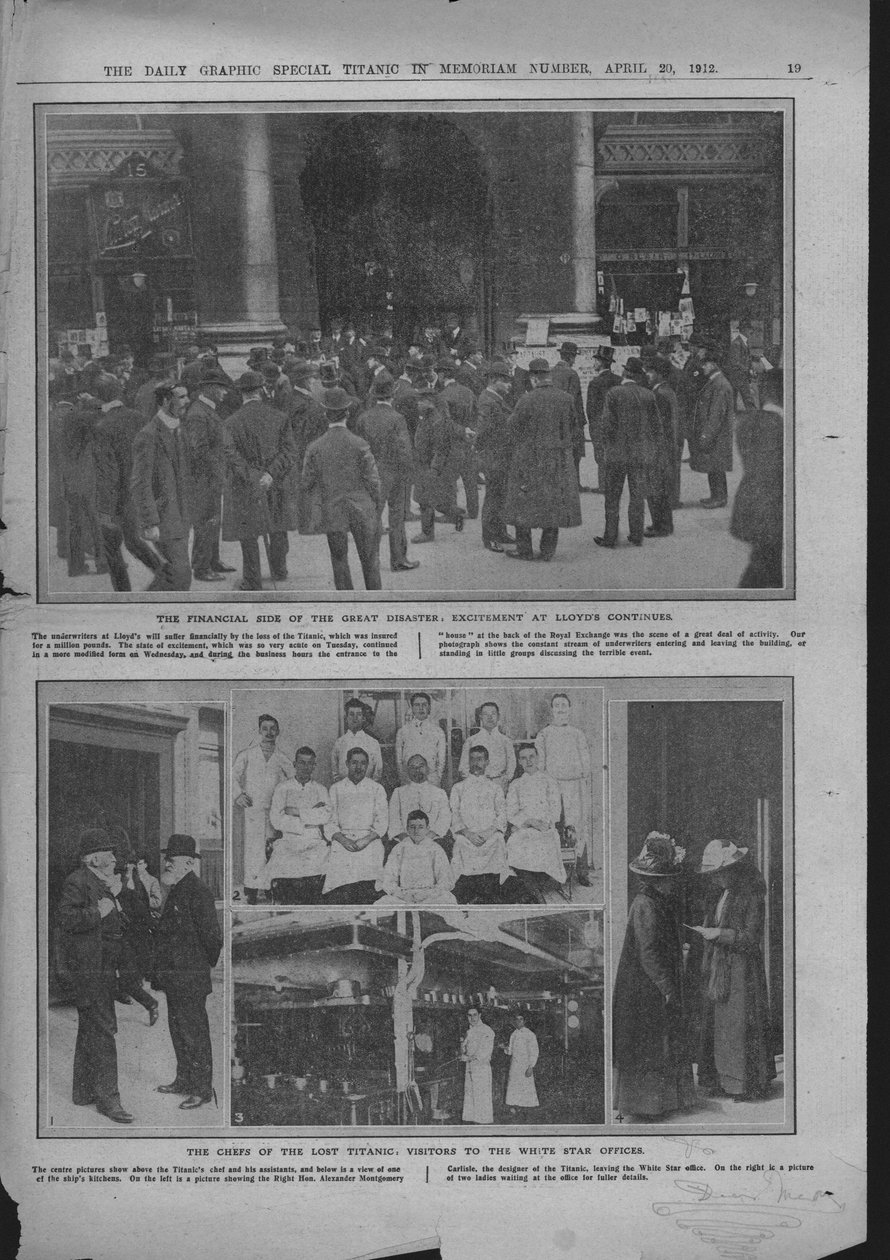 Tömeg a Lloyds of London előtt, szakácsok a fedélzeten és a White Star irodái, 1912. április 20. alkotó: Unbekannt