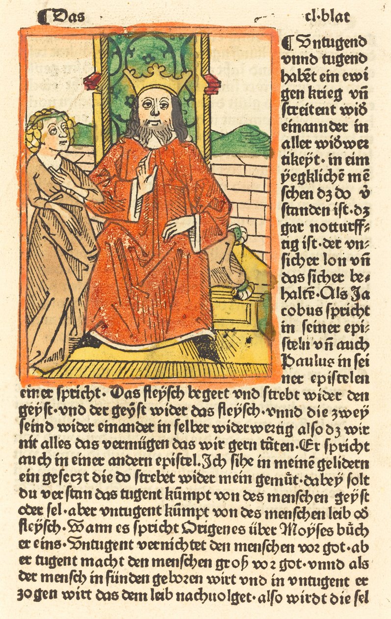 Koronás ember a trónon, a Szűz áll a bal oldalon, c. 1479. alkotó: Unbekannt