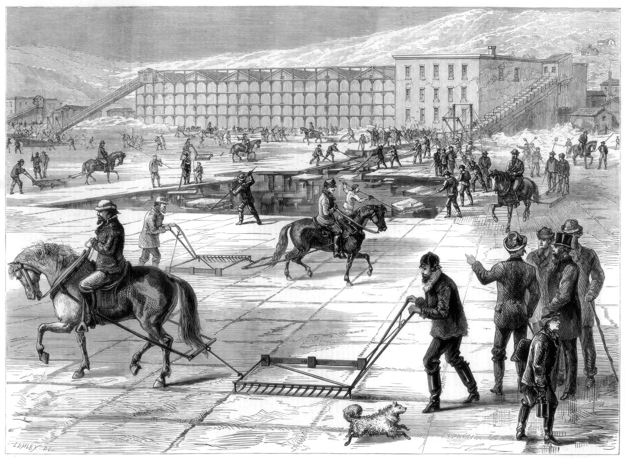 Jégvágás és jégtárolás a Hudson folyón, New York, USA, 1875 alkotó: Unbekannt