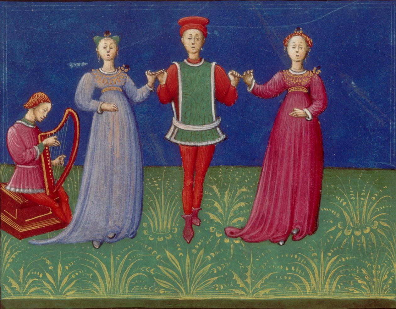 Táncosztály. Forrás: De pratica seu arte tripudii A tánc gyakorlatáról vagy művészetéről, 1463. alkotó: Unbekannt