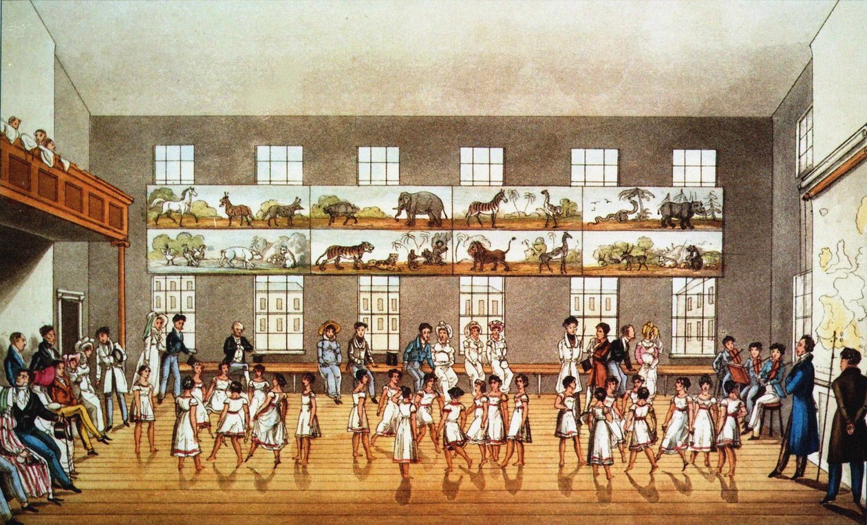 Tánclecke a Robert Owen Alapítványnál, New Lanark, 1823. alkotó: Unbekannt