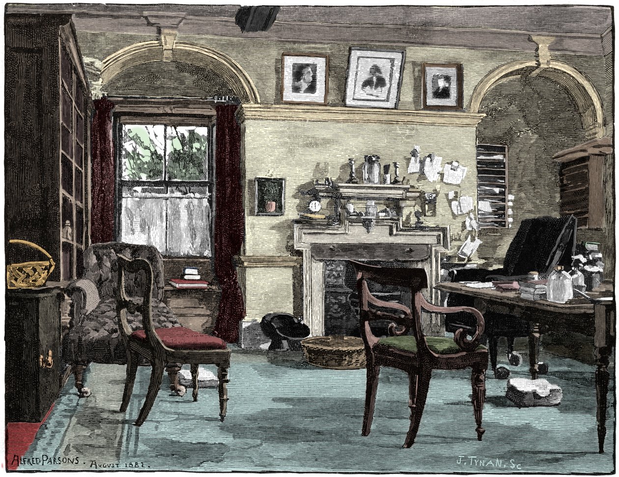 Darwins a Down House-ban tanul, otthonában, Kent államban, Beckenham közelében, 1883-ban alkotó: Unbekannt