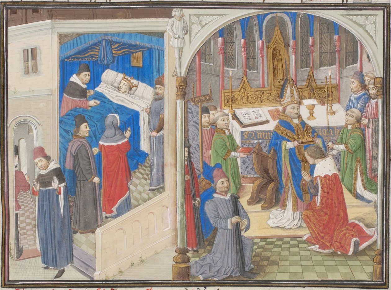 A jeruzsálemi I. Amalrik halála. Balduin koronázása IV. Türoszi Vilmos miniatúrája a Historiából, 1460-as évek alkotó: Unbekannt