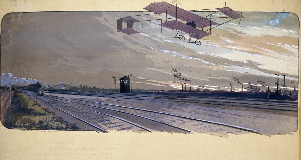 A repülés kezdete: Louis Paulhan (1884-1963) áthalad egy vasúti sínen kétfedelű repülőgépén a 300 km-es London/Manchester egyenes vonalú versenyen 1910. április 27-én és 28-án. alkotó: Unbekannt
