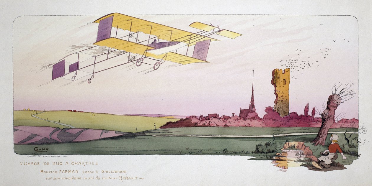 A repülés kezdete: Maurice Farman (1878-1964) Renault motorral felszerelt kétfedelű repülőgépén a "Voyage de Bac a Chartres" versenyen, 1910 körül alkotó: Unbekannt