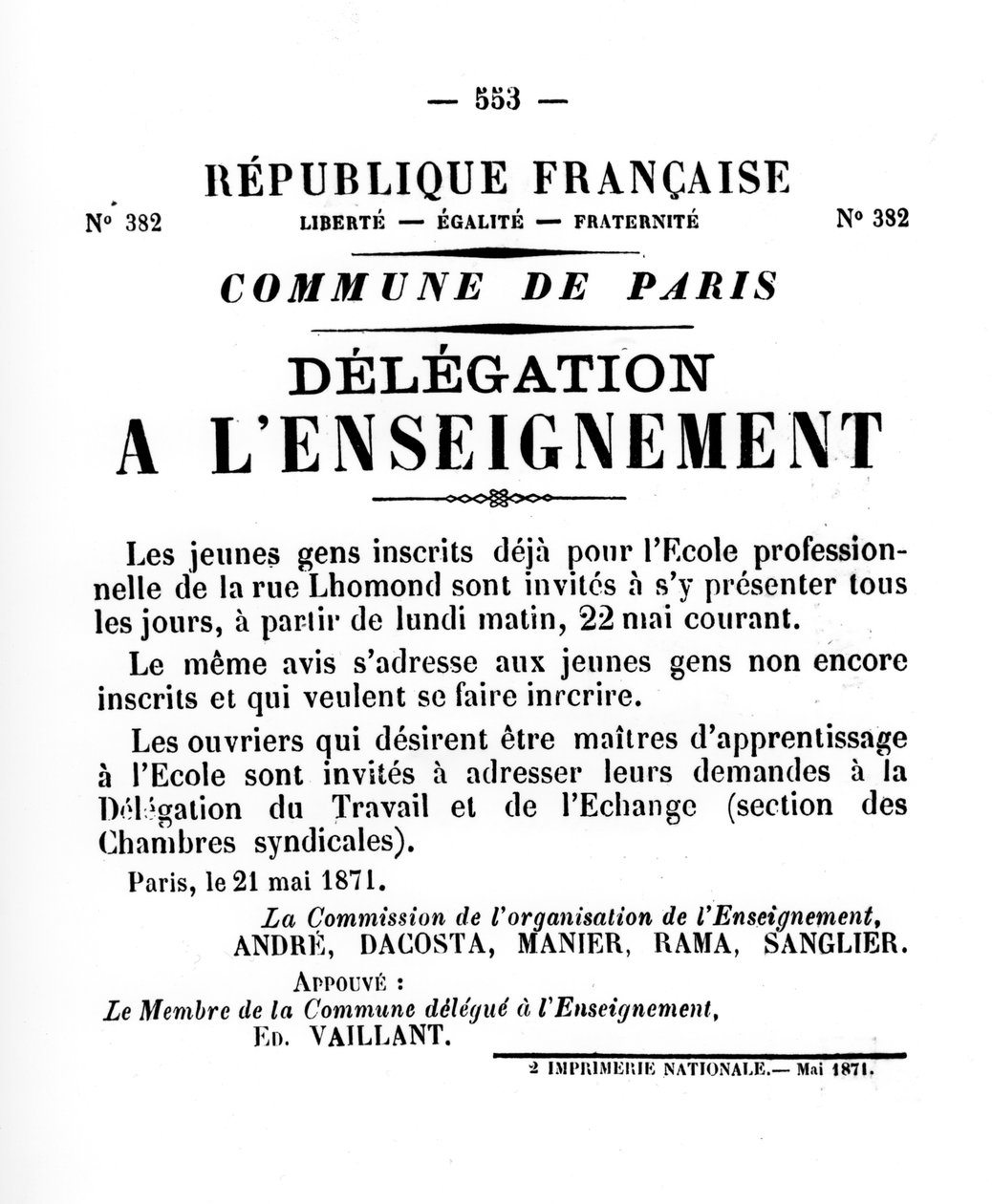 A LEnseignement küldöttsége a Párizsi Kommün francia politikai plakátjairól, 1871. május alkotó: Unbekannt