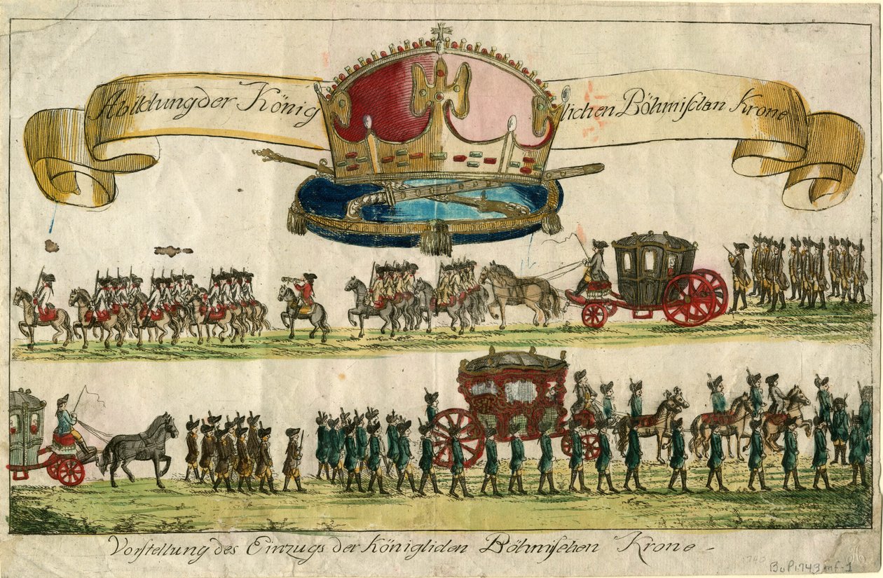 A Cseh Királyi Korona ábrázolása: A Cseh Királyi Korona bejegyzésének bemutatása, 1743. alkotó: Unbekannt
