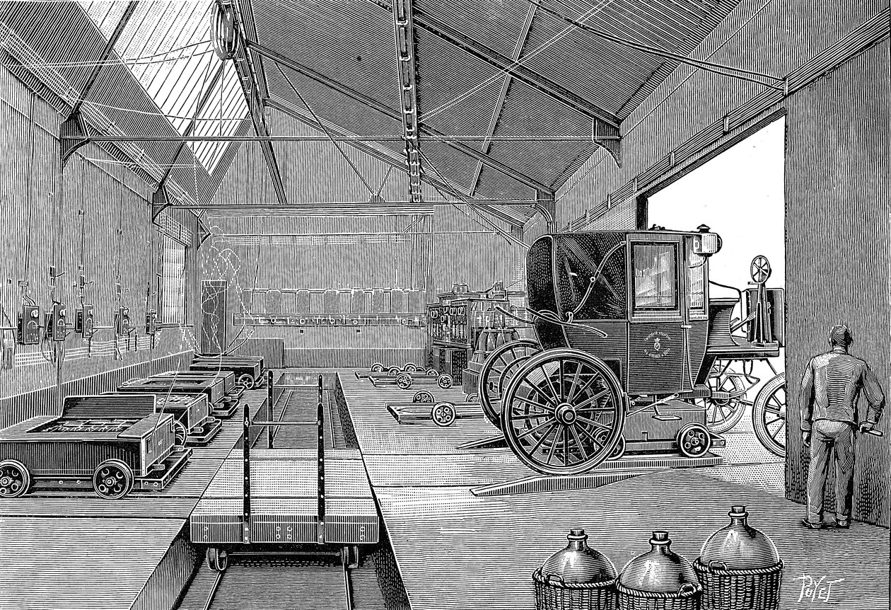 Depó, ahol az elektromos meghajtású párizsi vezetőfülkéket frissen feltöltött akkumulátorokkal szerelték fel, 1899 alkotó: Unbekannt