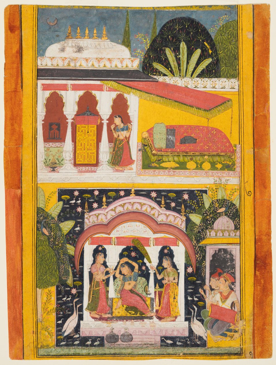Desavarari Ragini, egy Ragamala sorozatból: Egy hölgy és két kísérő egy lugasban középen, c169 alkotó: Unbekannt