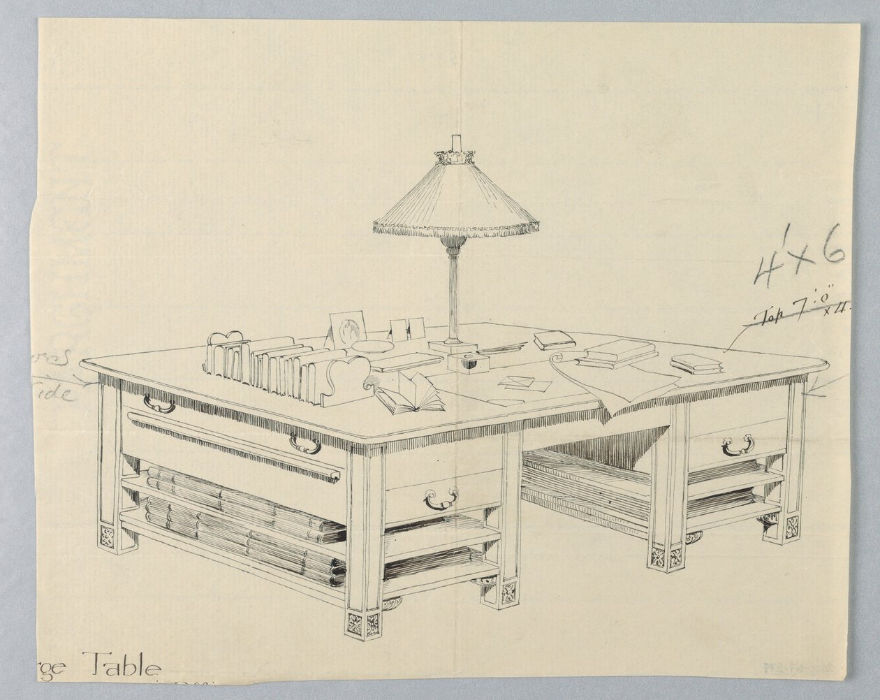 Tervezés hatalmas könyvtári tárolóasztalhoz, két nyitott polccal mindkét oldalon, 1900–05 alkotó: Unbekannt