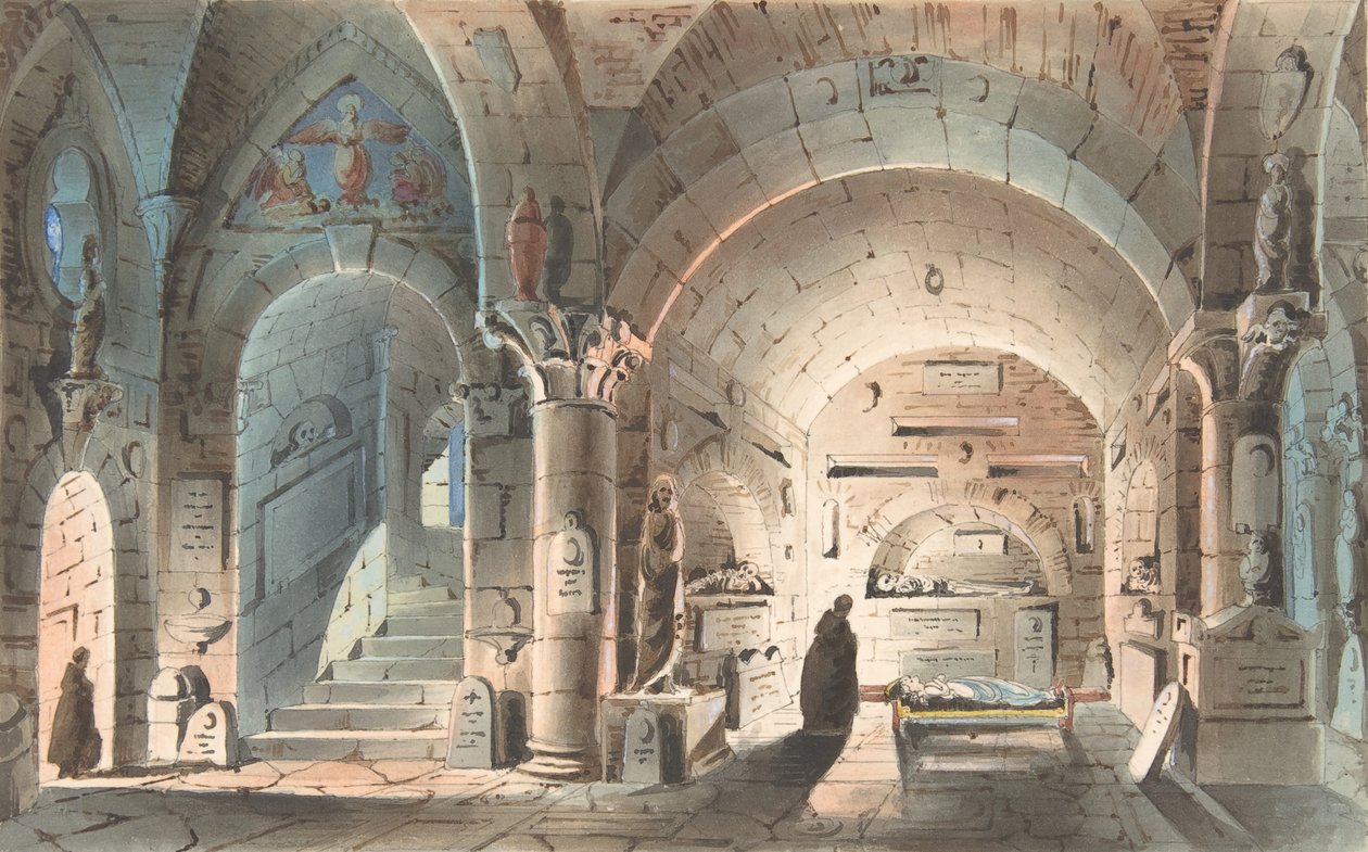 Színpadi díszlet tervezése: kriptajelenet, 1830-40. alkotó: Unbekannt