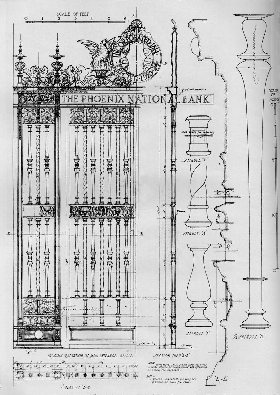 A főbejárati ajtó rácsának részletrajza, Phoenix National Bank, 1924 alkotó: Unbekannt