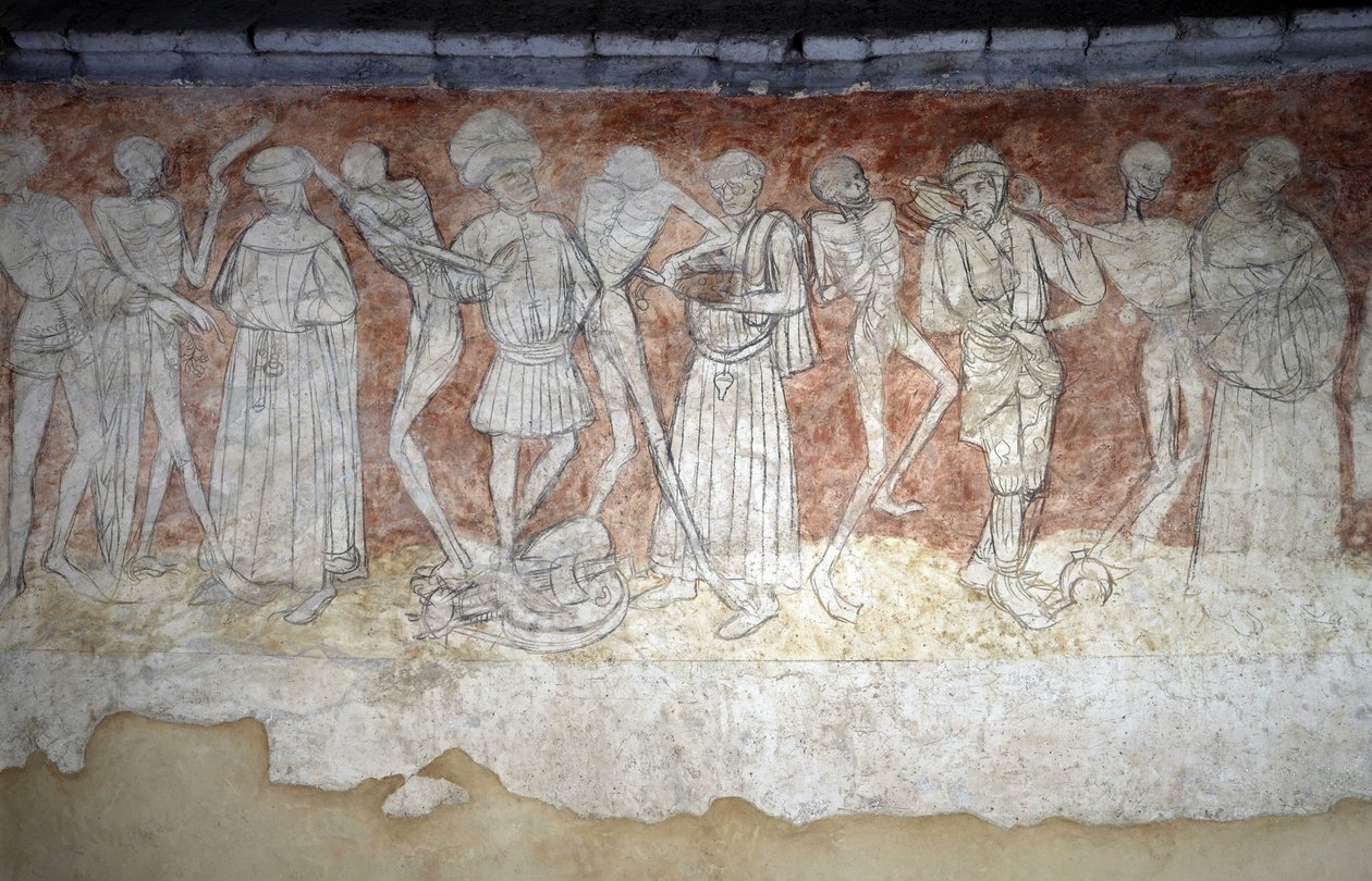 A Dance Macabre-t ábrázoló freskó részlete, nd. Szent Róbert templom La Chaise Dieu-ban (Chaise-Dieu, Haute Loire). alkotó: Unbekannt