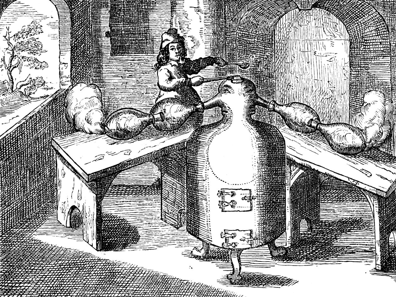 Salétromsav desztillációja Aqua fortis vagy elválasztó sav két orrú vasemberben, 1689 alkotó: Unbekannt