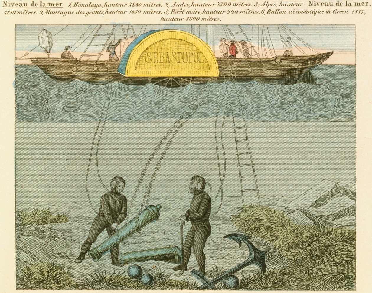A búvárok fegyvereket mentenek ki a tengerfenékről, c1855 alkotó: Unbekannt