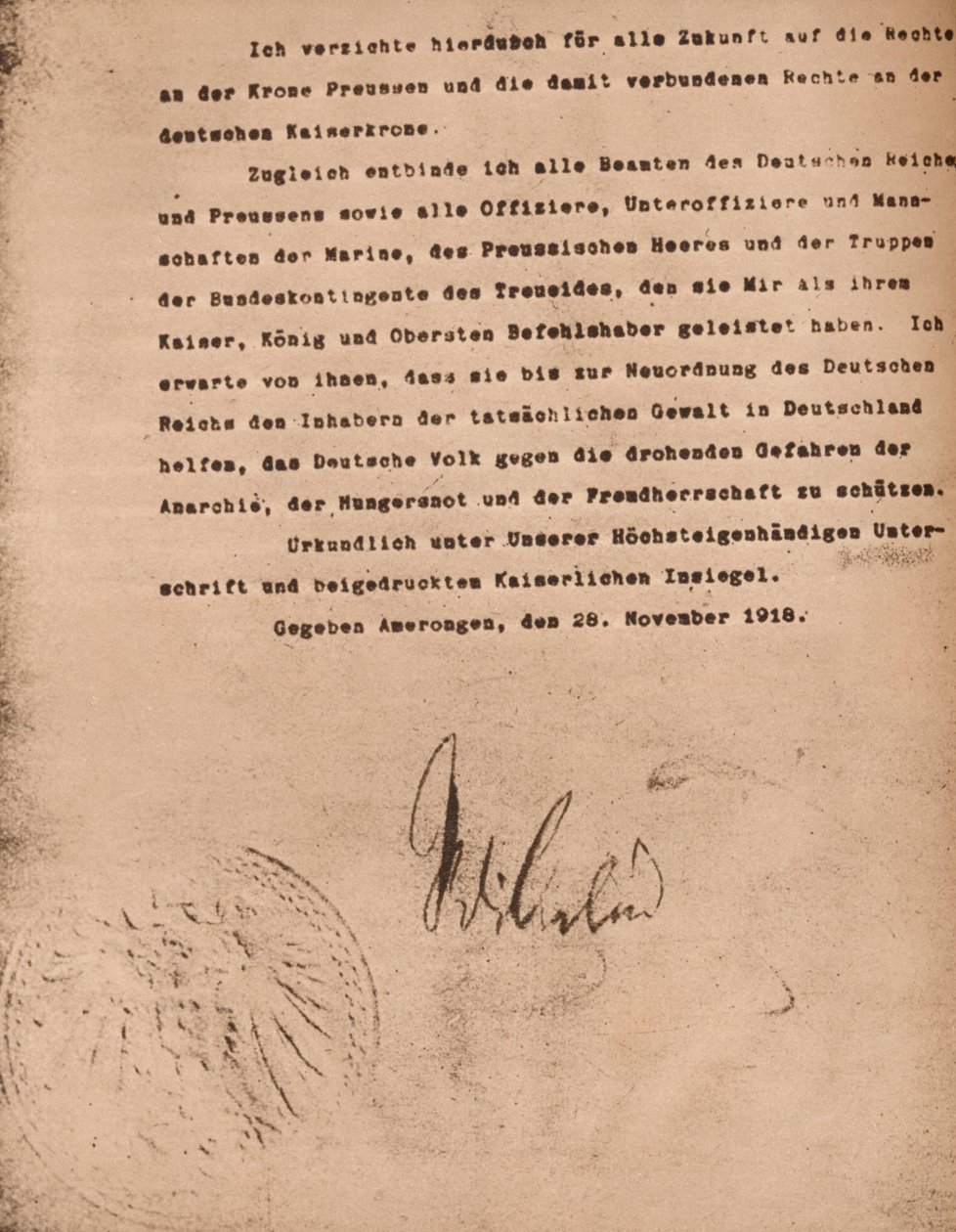 II. Vilmos német császár lemondását megerősítő dokumentum, 1918. november 9., 1935. alkotó: Unbekannt