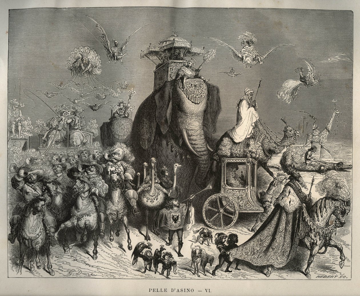Szamárbőr: a karosszus és a menyasszonyi kortezs. Gustave Dore (1832-1883) metszete Charles Perrault (1628-1703) „Les contes” című könyvéből alkotó: Unbekannt