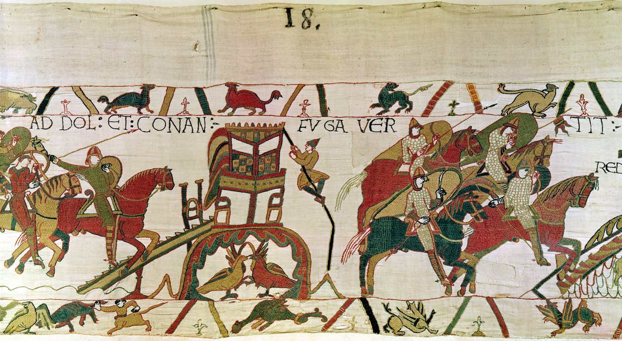 Conan herceg menekül Dolból, Vilmos herceg lovagjai üldözik, Bayeux gobelin (gyapjú hímzés vászonon) alkotó: Unbekannt