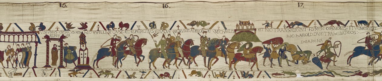 Vilmos herceg Bretagne-ba vezeti a seregét, ahol Harold bátran újraéleszti a katonákat a futóhomokból, a Bayeux-i kárpitból (gyapjú hímzés vászonra) alkotó: Unbekannt