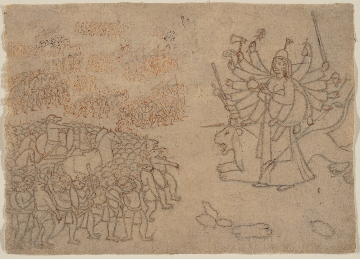 Durga szembeszáll a démon Chikshura hadseregével: Jelenet a Devi Mahatmya-ból, kb. 1780. alkotó: Unbekannt