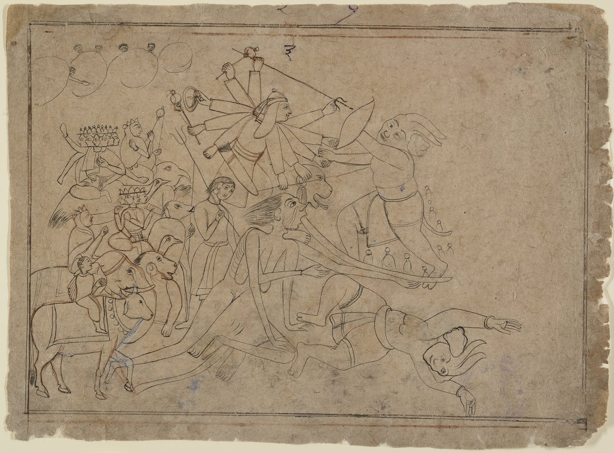 Durga, Kali és a matrikák a Raktabija démonnal harcolnak: jelenet a Devi Mahatmya-ból, Ka. 1780. alkotó: Unbekannt