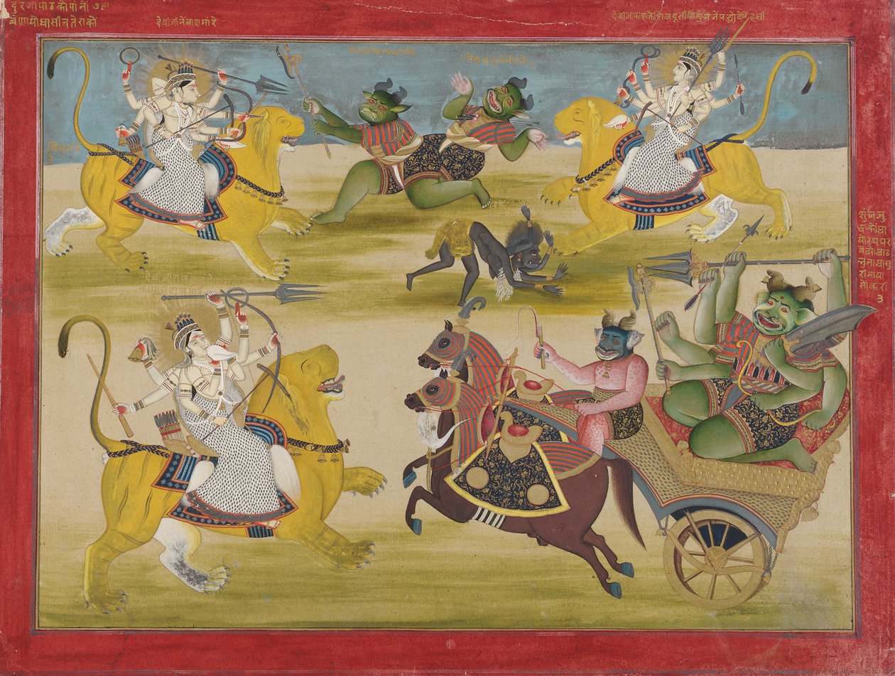 Durga harcol a Rakshasa Shunga és Nishunga ellen, egy Devi Mahatmyából, a 19. század közepén. alkotó: Unbekannt
