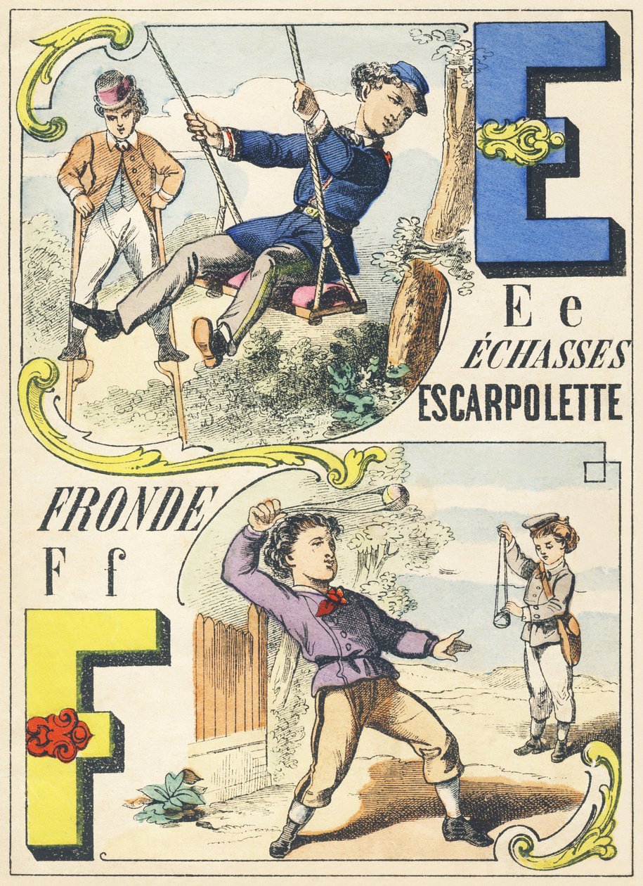 E F : echasses, escarpolette, fronde - Games Alphabet, 1890 körül (illusztráció) alkotó: Unbekannt