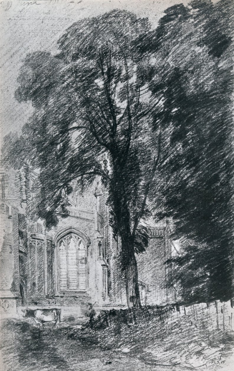 East Bergholt templom: a nyugati vég egy része, egy szilcsoporton túl, 1812, 1925 alkotó: Unbekannt