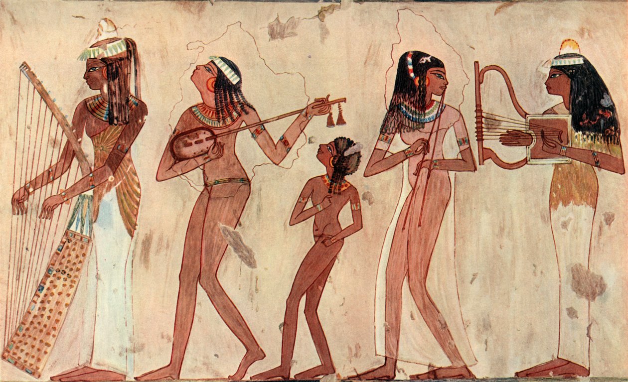 Egyiptomi íves hárfa, lant, dupla oboa és líra, sírfestmény Veset Thébában, Kr.e. 1420-1411 alkotó: Unbekannt