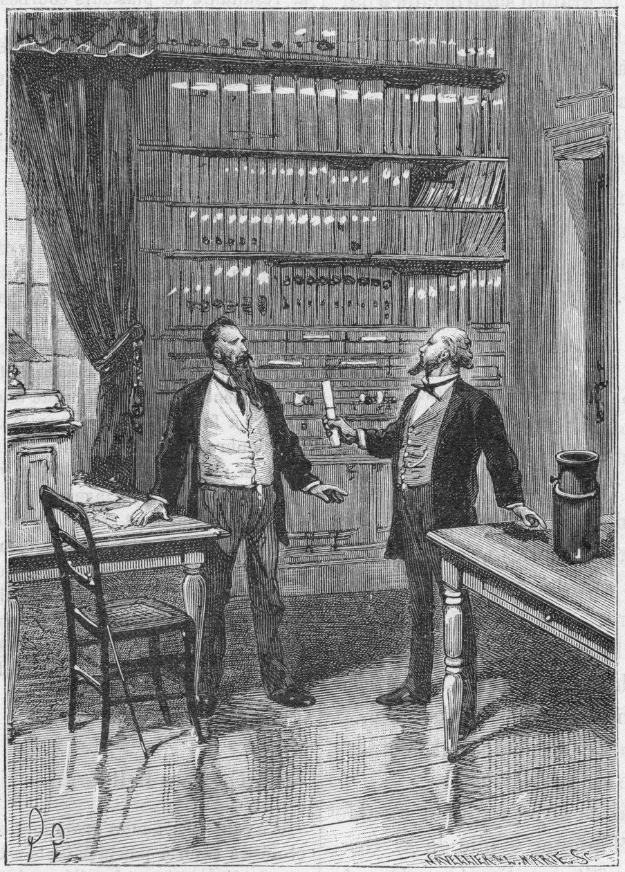Elisha Gray amerikai feltaláló bemutatja a telefonjára vonatkozó figyelmeztetést, 1876, 1890 alkotó: Unbekannt